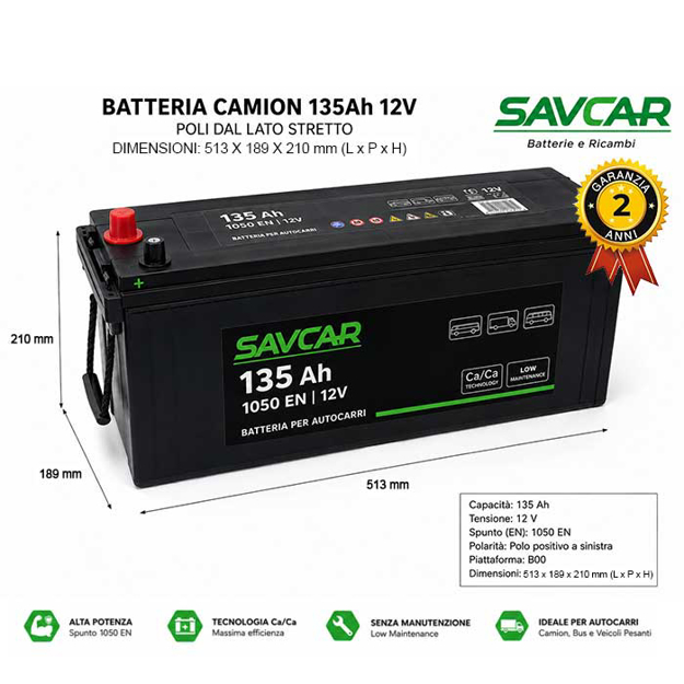 Batteria per autocarri ermetica sinistra 135 AH 1050 AMP(EN)