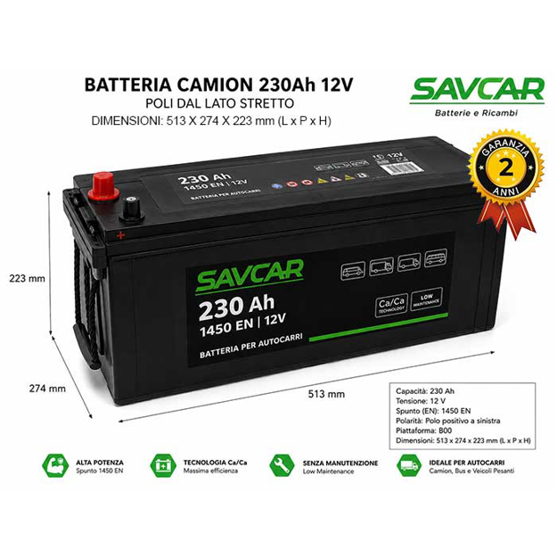 Batteria per autocarri ermetica sinistra 230 AH 1450 AMP(EN)