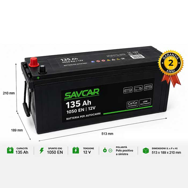 Batteria per autocarri ermetica sinistra 135 AH 1050 AMP(EN)